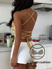 DAZY Áo hai dây hở lưng bằng satin gợi cảm có đệm mút, đồ ngủ mùa hè dành cho nữ. - Màu vàng - Xem 3