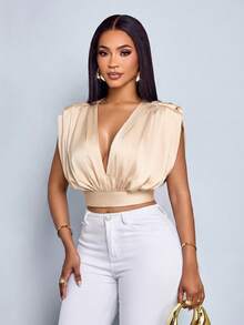 SOLERSUN Blusa de satén con cuello en V plisado y espalda descubierta, en color albaricoque, elegante y adecuada para el trabajo diario. - Albaricoque - Ver 5