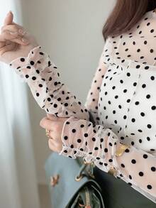 FRIFUL 女款休閒修身上衣，小高領長袖透視網紗疊層，袖口抽繩下擺設計，適合秋季度假穿搭 - 淺粉色 - 查看 5