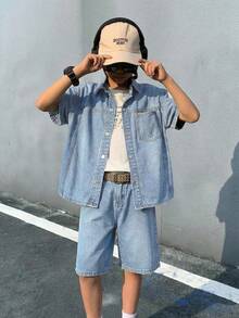 2件組青少年男孩時尚休閒復古酷街頭風 寬鬆舒適簡約藍色牛仔短袖上衣與寬鬆舒適牛仔短褲套裝 青少年男孩日常穿著 春夏季狂歡派對節慶街頭穿搭服飾 - 淺色水洗藍 - 查看 5