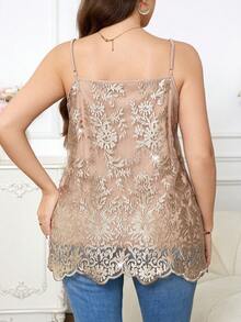 SHEIN Clasi Plus Size Women Floral Embroidery Pattern Casual Versatile Daily Wear Camisole - Khaki - View 2