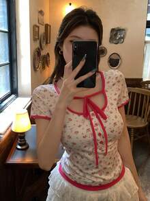 DAZY Women's Sexy Lace-Up Allover Print Short Sleeve T-Shirt - White - View 2