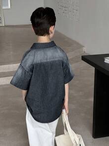 Dazy Kids 青少年男童拼接单排扣休闲百搭日常牛仔夹克 - 黑色 - 查看 2