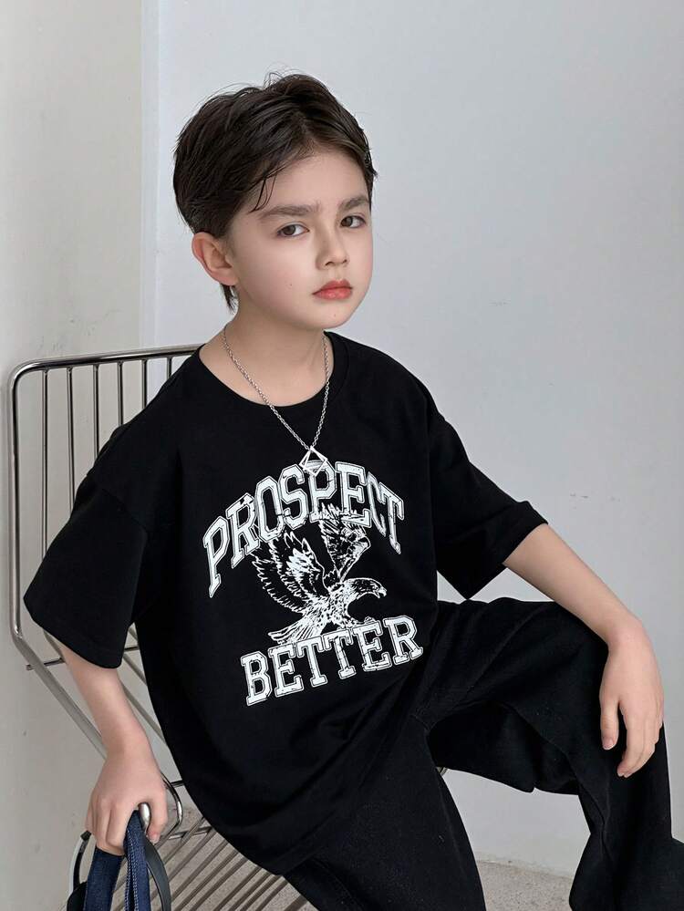 Crew Neck Loose Fit Printed Basic T-Shirt For Toddler Boys, Plus Size