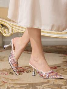 CUCCOO TILAWA Women's Fashion Party Pointed Toe Stiletto Heel Rhinestone Pumps Valentine's Day - Silver - View 4