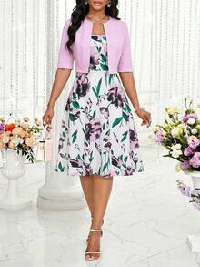 SHEIN Lady 女士印花优雅两件套：短袖上衣和连衣裙，夏季 - 淡紫色 - 查看 4