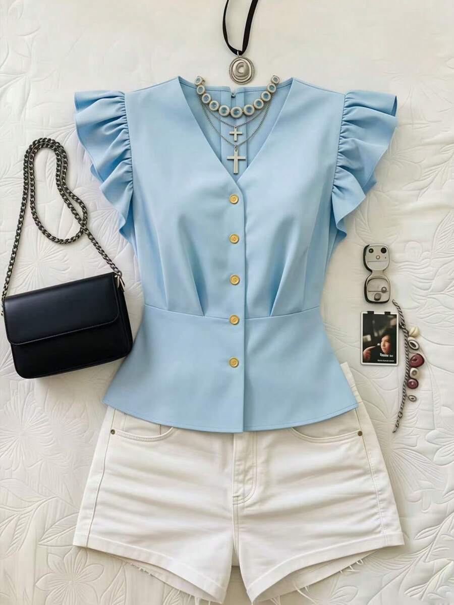 Endroma Blusa casual de estilo francés elegante con cuello en V, mangas acampanadas, cintura fruncida y manga corta para vacaciones, color azul claro - Azul - Ver 1