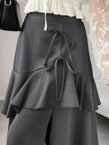 FRIFUL Women's Multi-Layer Ruffle Asymmetric Hem Patchwork Skirt - Grey - View 4