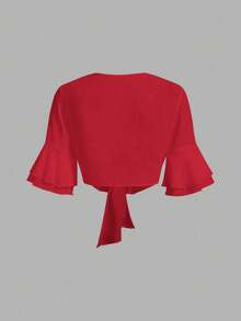Qadelle Blusa corta de manga media con nudo delantero, camisa de mujer de unicolor - Rojo - Ver 2