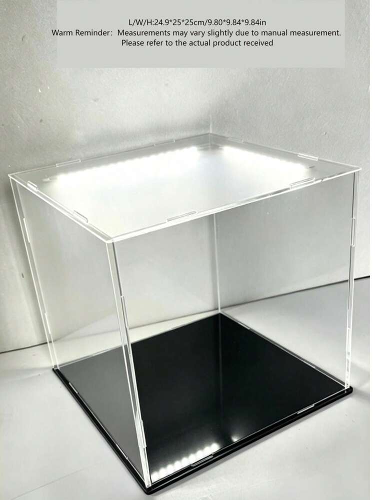 Cajas de exhibición de acrílico transparente, disponibles en 11 tamaños, ensamblaje DIY, adecuadas para exhibir modelos, bloques de construcción, manualidades y recuerdos, y que proporcionan protección contra el polvo. - Placa base de PVC negro de 5 mm. - Añade 11
