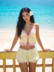 Sweetina Sexy Cute Contrast Color Lace Patchwork Tie-Front Camisole For Women Beach Pink Yellow Summer - Beige - View 3