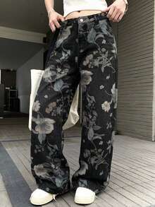DAZY Quần jeans ống rộng nữ in hoa, có túi và cúc, kiểu dáng wash. - màu đen - Xem 4