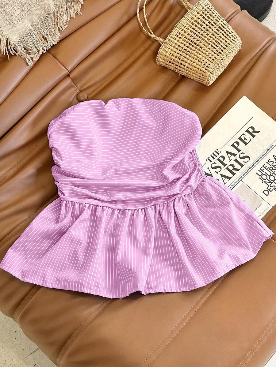 Flirla Top a fascia plissettato a righe da donna - Rosa - Visualizzare 1