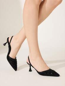 CUCCOO CHICEST Giày cao gót mũi nhọn gót mỏng mới dành cho nữ, trang trí bằng lưới, hạt cườm và thêu – Thanh lịch và thoải mái, hoàn hảo cho các buổi hẹn hò, công sở, tiệc tùng và đám cưới. - màu đen - Xem 3