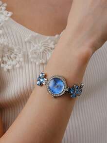 Opalesca 1pc Women's Casual Clover Rhinestone Decor Bracelet Watch, Gift Accessories - Blue - View 3