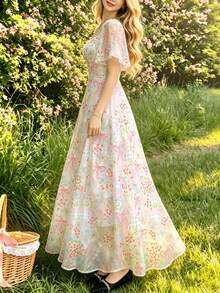 Vestido largo minimalista de mujer con diseño de cuello cuadrado y mangas cortas con estampado de paisaje de palmera de, vestido maxi elegante de cintura ceñida, adecuado para vacaciones de verano y uso diario - Multicolor 6 - Ver 4