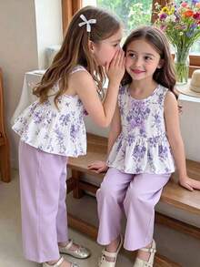 SHEIN Vintaside Kids 女童夏季新款碎花两件套，紫色蝴蝶结装饰无袖上衣+配套阔腿裤，甜美可爱休闲装，夏季 - 紫色 - 查看 8