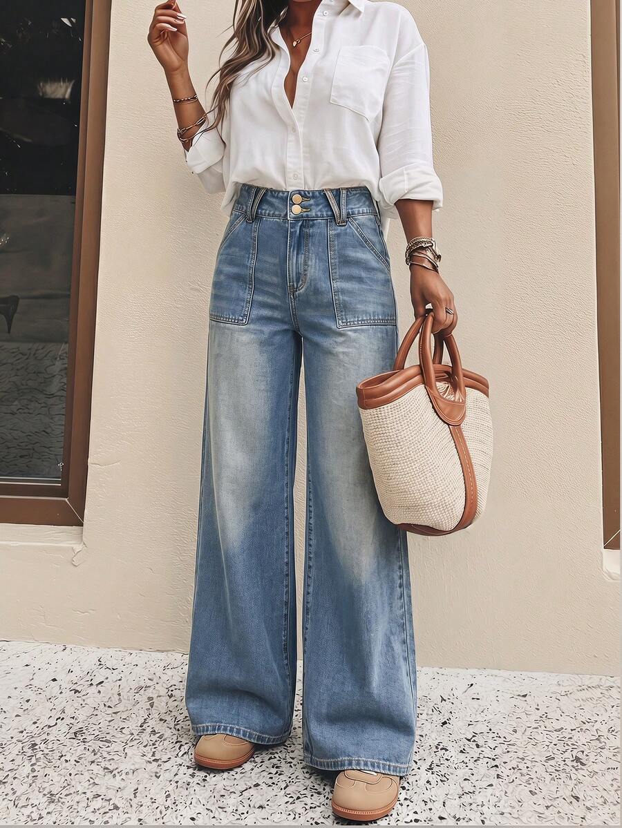 SHEIN LUNE Women's Fashionable Casual Washed Straight-Leg Jeans Travel Light Blue Summer - Blue - View 1