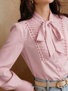 Anewsta Elegant Bowknot Tie Design Embroidered Beaded Women Blouse - Pink - View 2