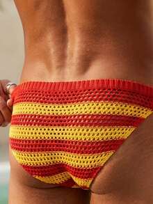 Manfinity Swimmode 男士条纹镂空泳裤，适合海滩和度假 - 黃色 - 查看 2