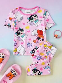 THE POWERPUFF GIRLS X SHEIN Baby Girl Cute Cartoon Print Short Sleeve T-Shirt And Leggings Pajama Set, Suitable For Spring, Summer And Autumn - Multicolor - View 1