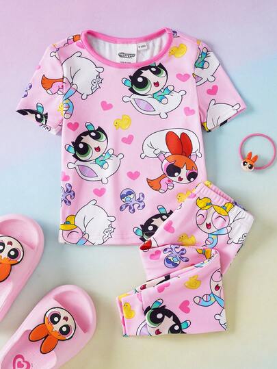 THE POWERPUFF GIRLS X SHEIN Baby Girl Cute Cartoon Print Short Sleeve T-Shirt And Leggings Pajama Set, Suitable For Spring, Summer And Autumn