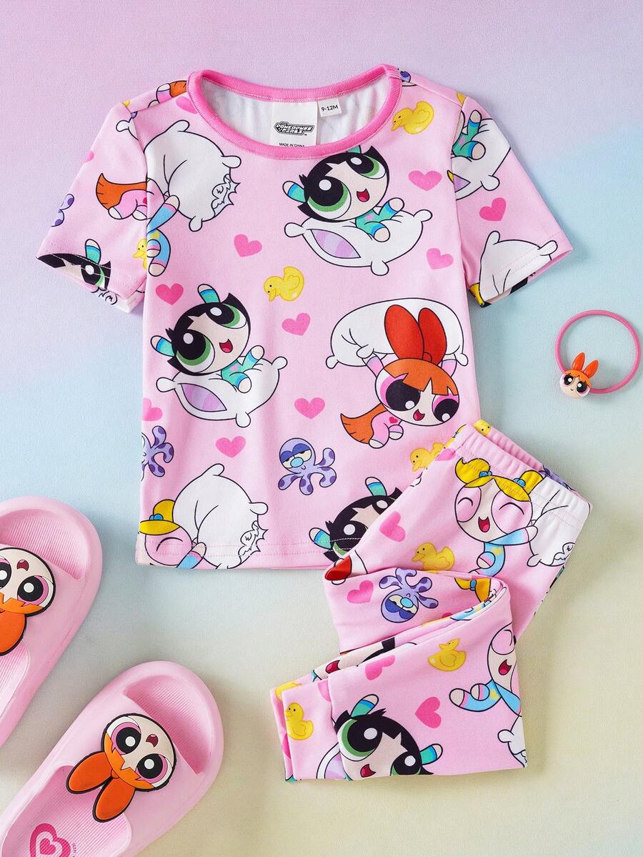 THE POWERPUFF GIRLS X SHEIN Baby Girl Cute Cartoon Print Short Sleeve T-Shirt And Leggings Pajama Set, Suitable For Spring, Summer And Autumn - Multicolor - View 1