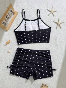 SHEIN 少女黑白波点可爱纯色吊带泳衣上装和平角比基尼泳裤套装 - 黑色 - 查看 2