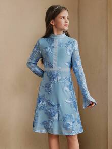 Anewsta Đầm chữ A tay bồng màu xanh dương ngọt ngào dành cho bé gái, thích hợp cho mùa xuân/hè. - Màu xanh lam - Xem 3