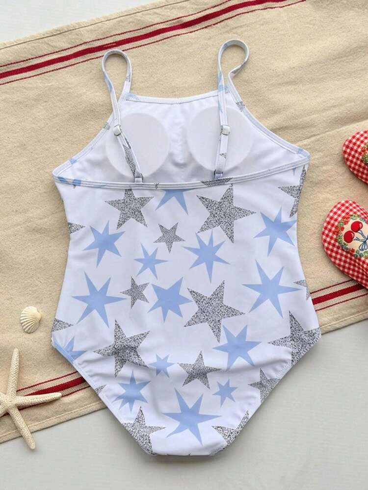 Tween Girls' Star Print One-Piece Swimsuit, Snug Fit One-Piece Swimwear Vacation