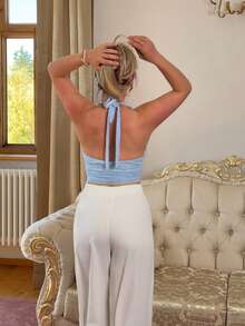Jeta Ari Women's Rhinestone Decor Ruched Figure-Flattering Halter Neck Tank Top - Baby Blue - View 2