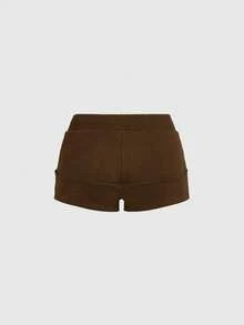 ROMWE Grunge Punk Quần short nữ cạp chun, kiểu dáng thường ngày, đa năng, có dây rút. - Cà phê nâu - Xem 2