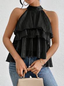 Firerie Loose Neck Ruffle Asymmetrical Chiffon Blouse,Summer Top - Black - View 5