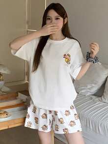 DAZY 2pcs/Set Cute Rabbit Pattern Loose Short Sleeve T-Shirt And Shorts Pajama Set, Summer Women Sleepwear - White - View 6