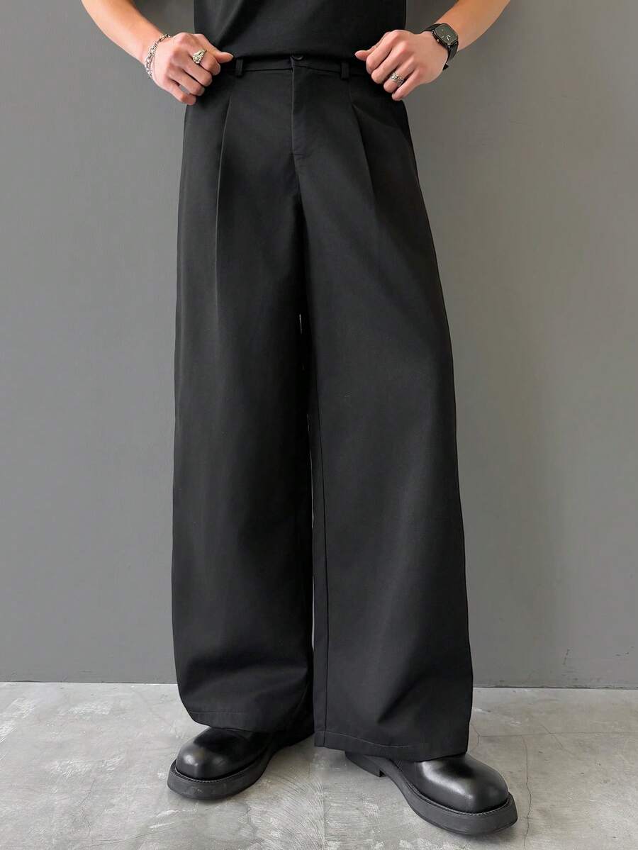 SLATEMANN Men's Loose Wide Leg Curved Hem Pants - Black - View 1
