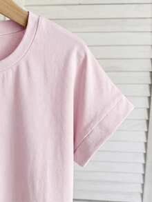 SHEIN 少女休闲纯色宽松圆领卷边短袖露脐T恤 - 粉色 - 查看 3