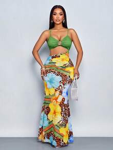 SOLERSUN Women's Summer Vacation Style Leopard Flowers Tropical Print Ruched Waist Cut Out Mermaid Maxi Dress (Random Floral) - Pale Yellow - View 3