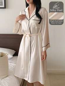 DAZY Elegant Contrast Color Trim Decor Loose Mid-Length Women Robe Pajamas - White - View 4
