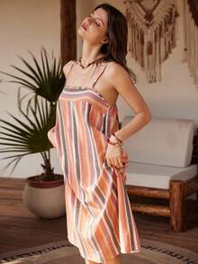 Lullawish Đầm maxi dáng rộng thoải mái kiểu Bohemian Boho, kẻ sọc nhiều màu sắc, chất liệu cotton dệt kim mềm mại, thích hợp mặc ở nhà hoặc đi biển. - Nhiều màu - Xem 1