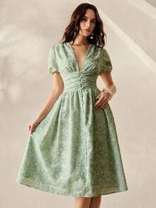 BELROSIE Women's Green Floral Summer Cottage Core Tea Party V-Neck Hollow Embroidery Puff Sleeve Midi Dress,Elegant Vintage Garden Vacation Beach Cardigan - Green - View 5