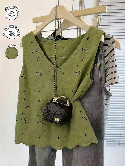 Lacomfia Áo camisole mùa hè thanh lịch dành cho nữ, màu xanh lá cây, cổ chữ V, không tay, dáng ôm, họa tiết hoa Pháp khoét rỗng.
