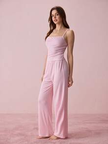 Bonmuse 2 Pcs Women's Lingerie Set Pink Bow-Adorned Strappy Women's Nightgown Top & Pants Women's Sleep Pants Stretchy, Comfortable, Cute & Elegant Holiday Attire Home & Outings Pajama Setfor Summer - Pink - View 5