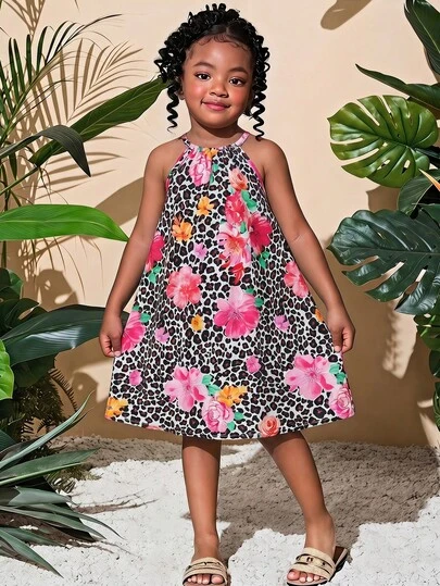 Emery Rose Kids Young Girl Pleated Ditsy Floral Sleeveless Casual Dress