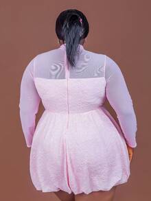 CurvyTilda 大码优雅派对纯色纹理网纱拼接连衣裙，适合沙漏型身材/2026/新年 - 粉色 - 查看 5