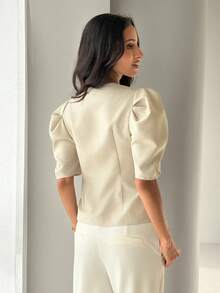 Aloruh Áo blazer tay phồng trang trí kim loại dành cho nữ mùa xuân/hè - Màu Khaki - Xem 2