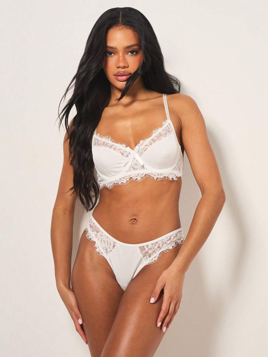 MISSGUIDED Bộ đồ lót ren trắng với áo ngực và quần lót cùng màu, thuộc bộ sưu tập đồ lót Valentine. - trắng - Xem 1