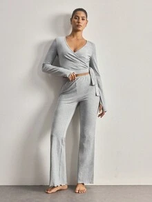 Ocili 100% Cotton Tie-Side Sleepwear Set, Women Comfortable Minimalist Solid Color Long Sleeve Top And Pants Pajamas - Grey - View 7