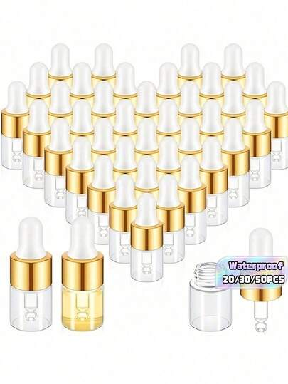 4/6/10/20/30/50PCS,Mini Glass Dropper Bottles, Golden Transparent Essential Oil Vials, Small Tincture Sample Containers, Perfume Liquid Bottles With Lids For Travel, Hand Wash Only, Unscented, Round Shape