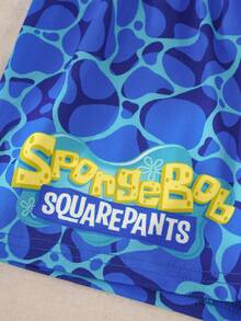 SpongeBob SquarePants | SHEIN 卡通印花纽扣短袖上衣和松紧腰短裤睡衣套装，适合小男孩 - 藍色 - 查看 5