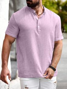 Manfinity Homme Áo sơ mi nam Manfinity Nomadique chất liệu cotton-linen, kiểu dáng thường ngày, cổ Hengli, thích hợp cho mùa hè. - Màu tím hoa cà - Xem 6